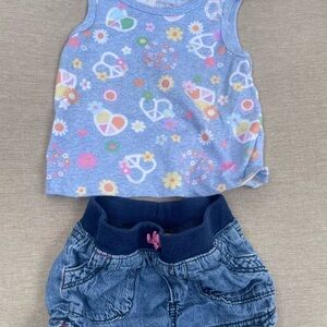 Colorful Peace Sign Tank Top and Denim Shorts Set